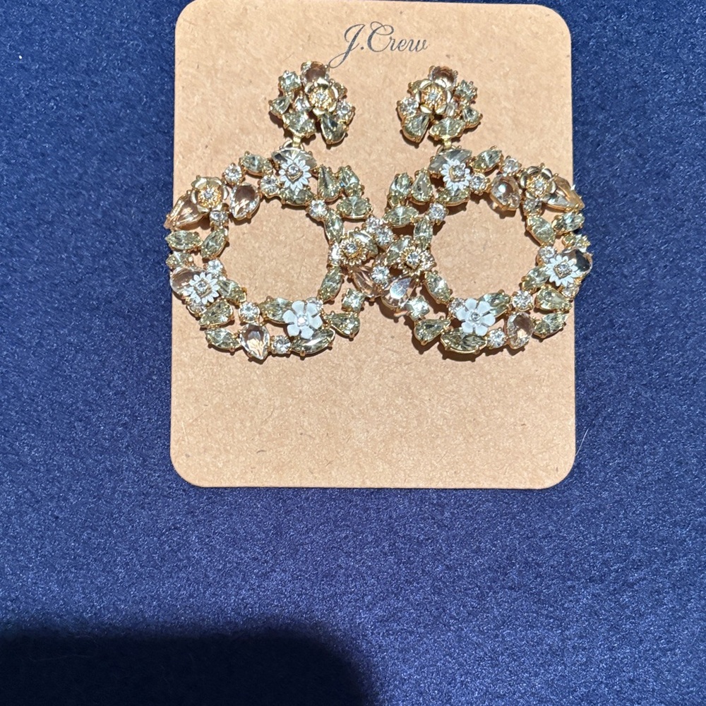 J. Crew Gold Floral Hoop Drop Earrings with White Accents